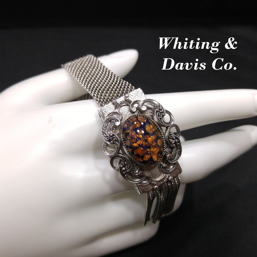 Whiting & Davis Co. Mesh Glitter Glass Bracelet, Adjustable Slide Clasp, Vintage